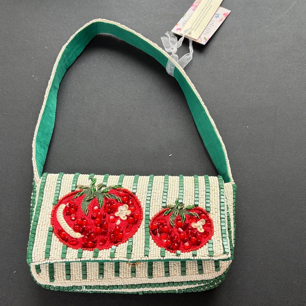 NWT Handcrafted in India Green and White Striped Beaded Tomato Shoulder Bag